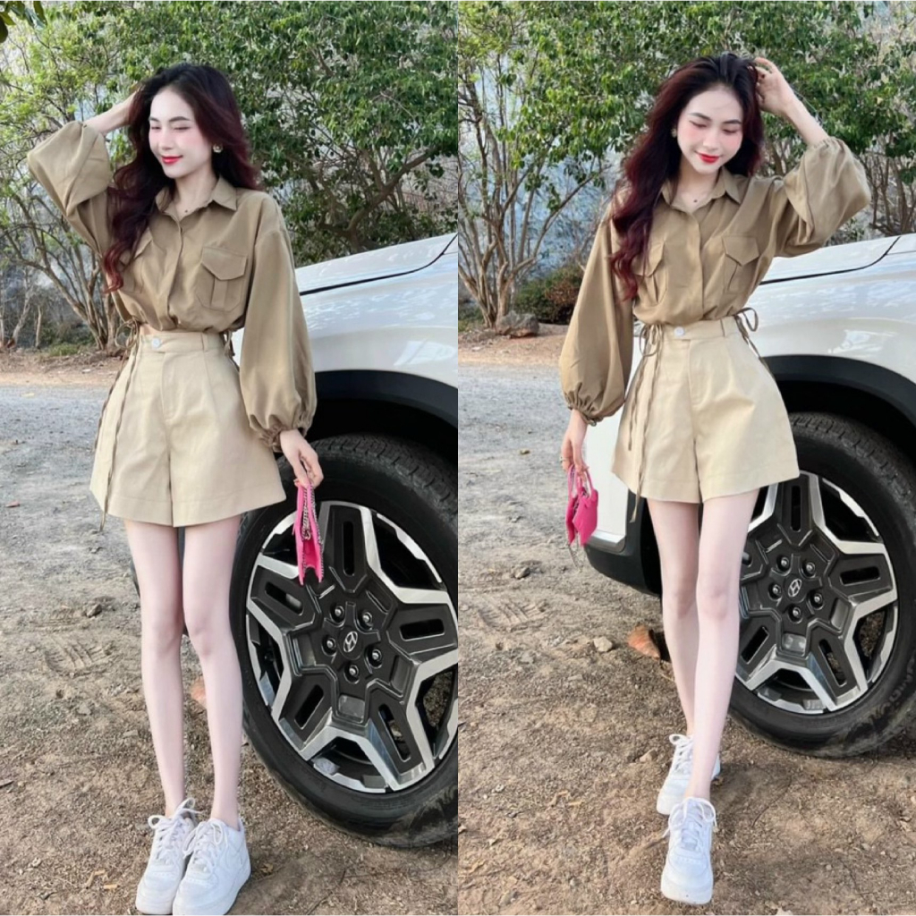 Set đồ bộ nữ áo sơ mi kiểu tay phồng có túi mix quần đùi lưng cao trẻ trung, năng động dành cho các nàng đi dạo, đi làm.