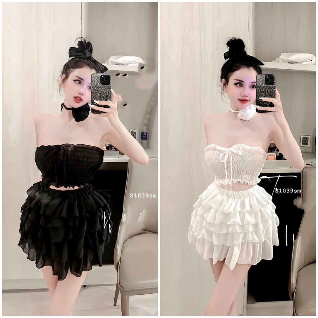 Set đầm váy nữ áo quây nhún cúp ngực kèm bông cổ mix chân váy xòe tầng xinh xắn dành cho các nàng đi chơi,hẹn hò cực yeu