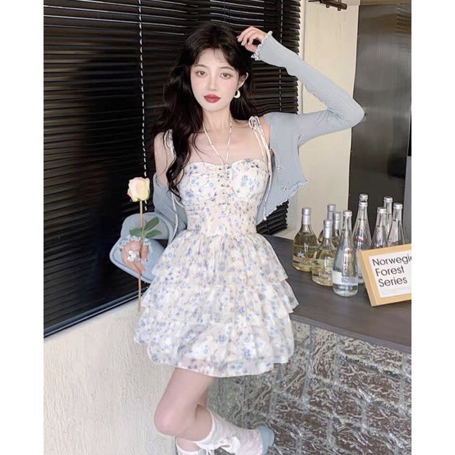 Váy voan hoa 2 dây xòe bồng khuyễn mãi thêm áo choàng ngoài xám đậm thiết kế korea ulzzang tiểu thư đẹp tươi