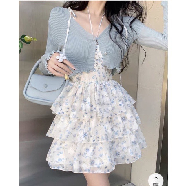 Váy voan hoa 2 dây xòe bồng khuyễn mãi thêm áo choàng ngoài xám đậm thiết kế korea ulzzang tiểu thư đẹp tươi