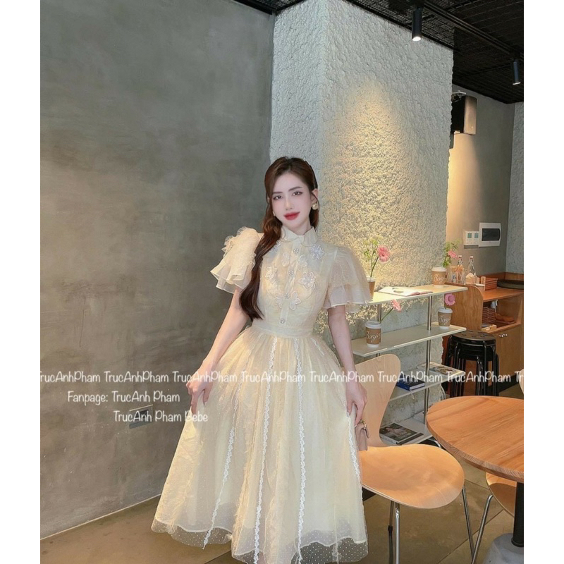 Đầm nữ công chúa dự tiệc màu nude tay cánh tiên phối lưỡi chấm bi viền ren 3 lớp