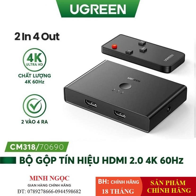 Bộ gộp và chuyển tín hiệu HDMI 2.0 từ 2 ra 4 ra hỗ trợ 4K@60hz Ugreen 70690 cao cấp - Hàng phân phối chính hãng