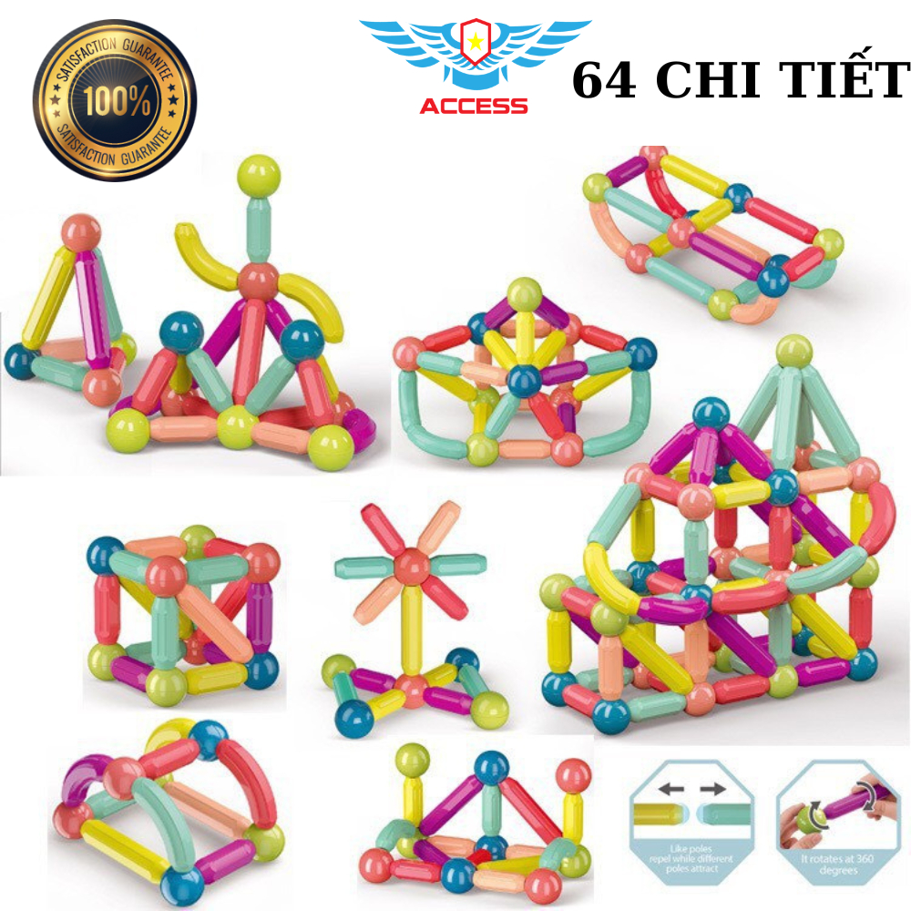 Đồ chơi lắp ghép xếp hình nam châm 64 Chi tiết cho bé - Hút chặt - Nhiều màu sắc - phát triển trí tuệ Access