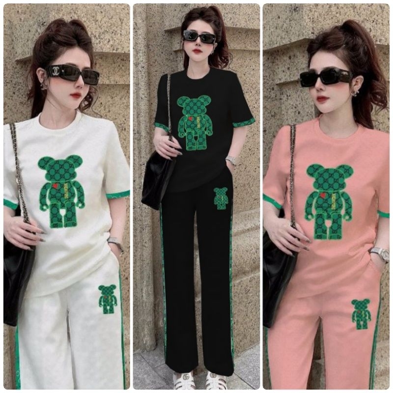 Set Bộ Thun Cotton Form Rộng Quần Ống Suông Phối Gấu Thêu Xanh Lá Cao Cấp