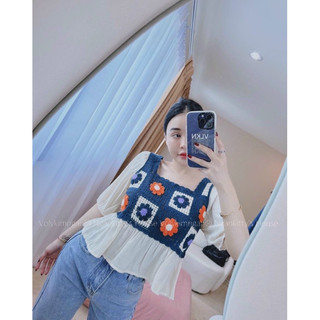 Áo len thổ cẩm phối sơ mi vintage