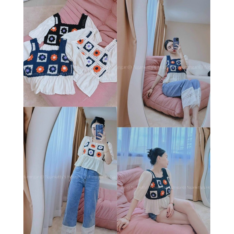 Áo len thổ cẩm phối sơ mi vintage