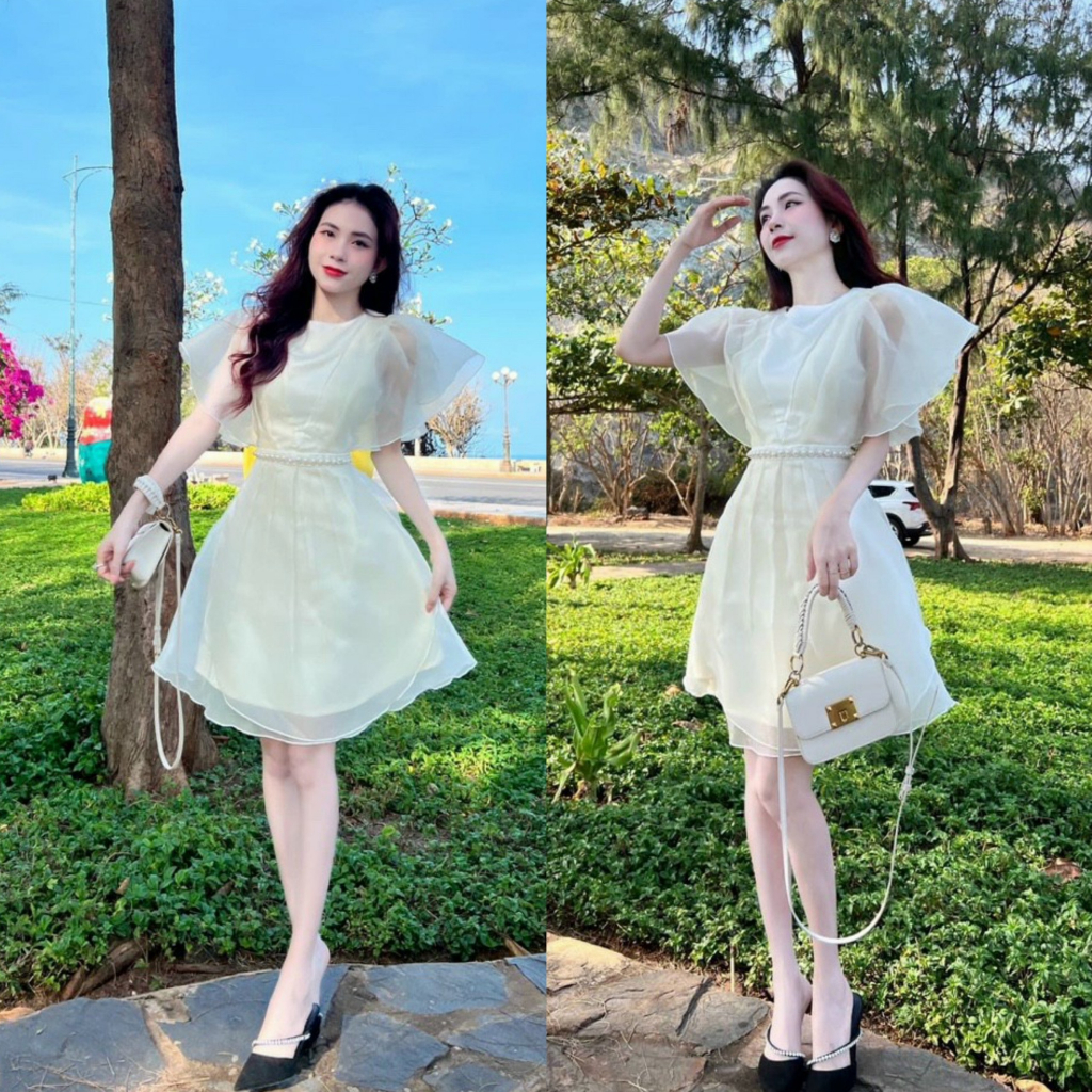 Đầm công chúa dáng mini hai lớp ngắn tay cổ tròn đính vòng cườm trên eo xinh xắn, đáng yêu