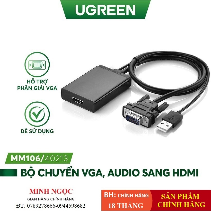 Bộ chuyển đổi VGA sang HDMI + Audio Ugreen 40213 MM106 - Hàng phân phối chính hãng