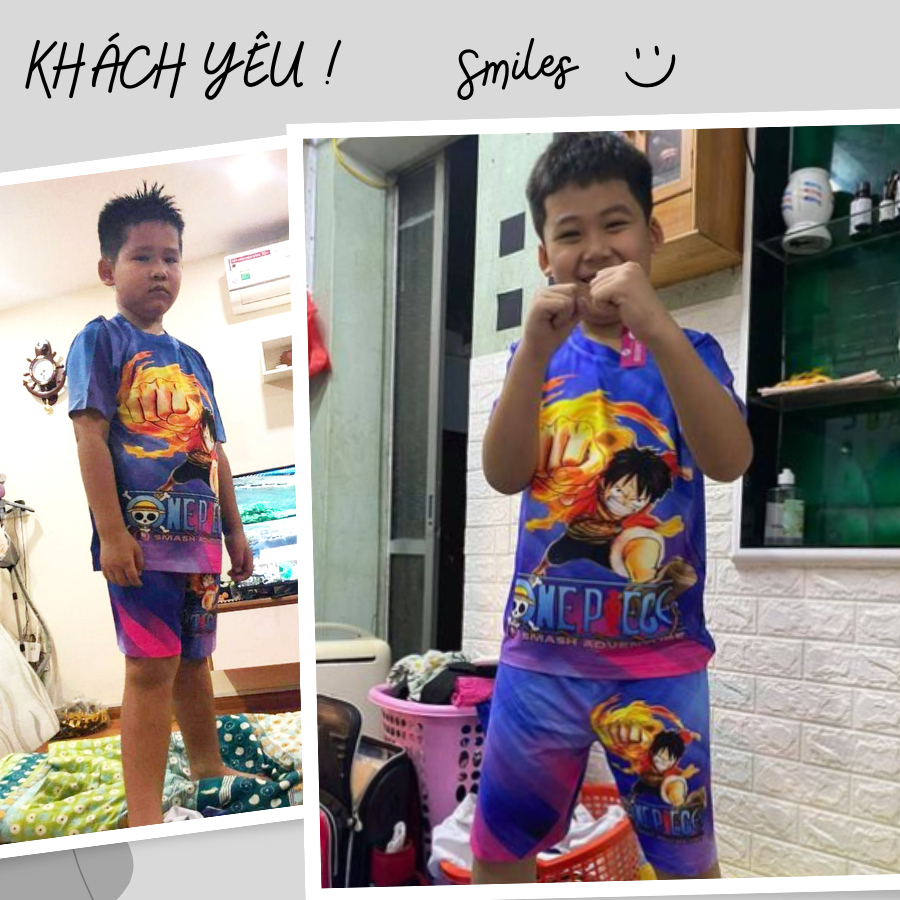 Bộ đồ thun lạnh cho bé, bộ cộc tay bé trai in hình Luffy thun mềm, mịn size đại từ 10 - 50kg