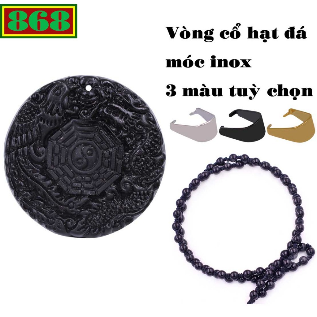Mặt dây chuyền long phụng bát quái đá đen (size XXL) kèm vòng cổ hạt chuỗi đá đen + móc inox, mặt dây chuyền phong thủy