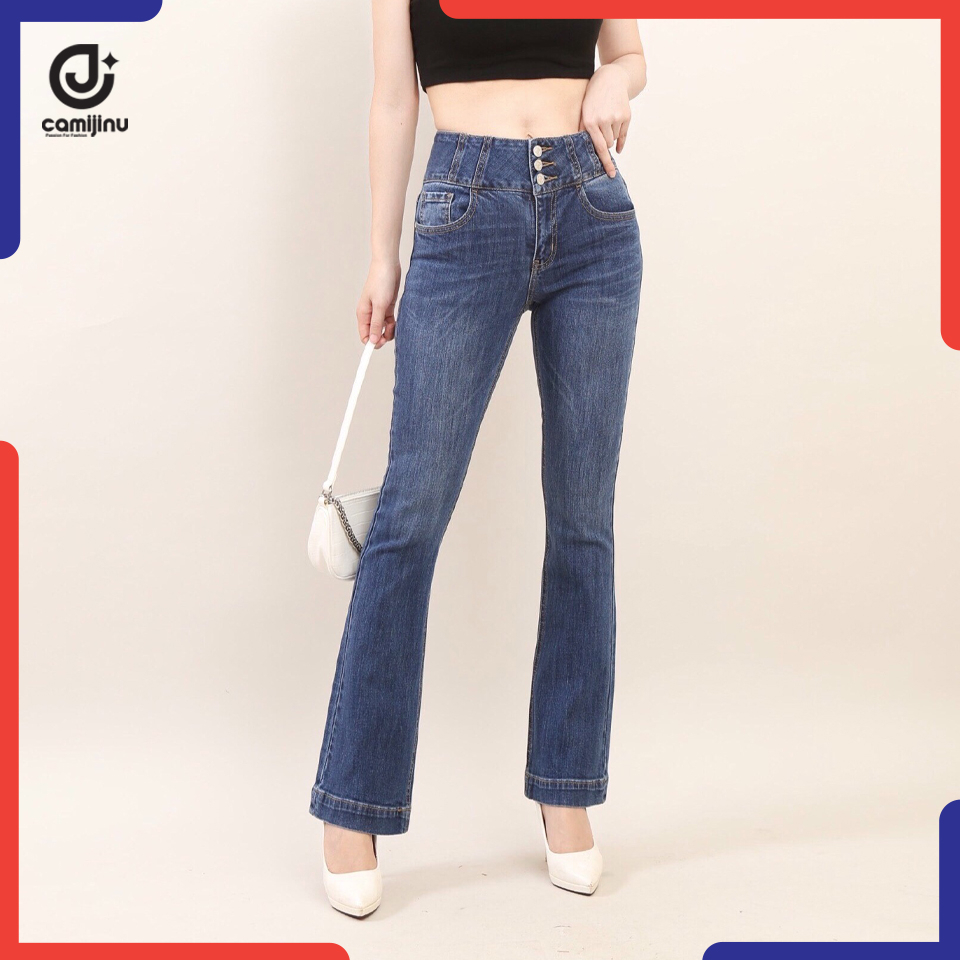 Quần Jeans Nữ Loe 3 Khuy - Cạp Cao - Dáng Dài - Gấu To - Hách Dáng - Màu Xanh Đậm - Thương Hiệu Jeans Camijinu