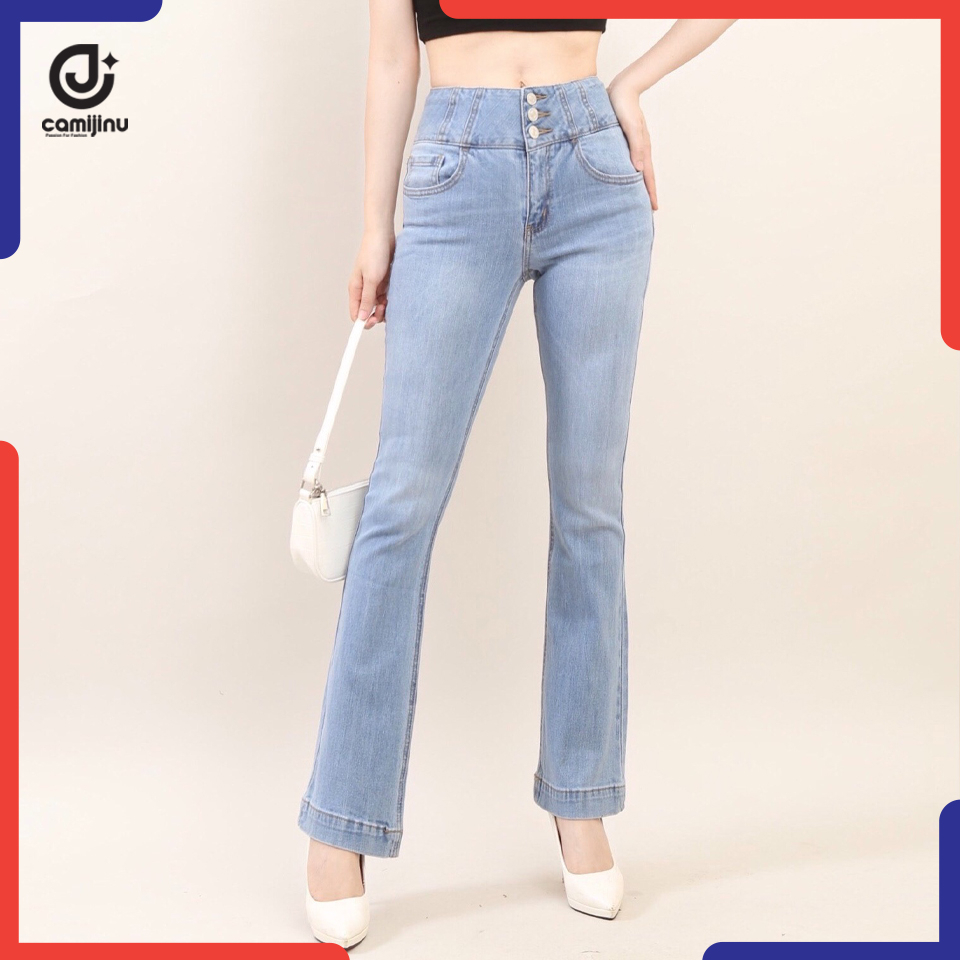 Quần Jeans Nữ Loe 3 Khuy - Cạp Cao - Dáng Dài - Gấu To - Hách Dáng - Màu Xanh Nhạt - Thương Hiệu Jeans Camijinu