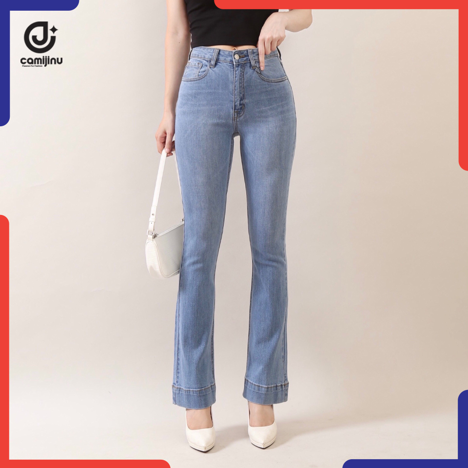 Quần Jeans Nữ Loe Gấu To - Cạp Cao - Dáng Dài - Gấu To - Hách Dáng - Màu Xanh Nhạt - Thương Hiệu Jeans Camijinu