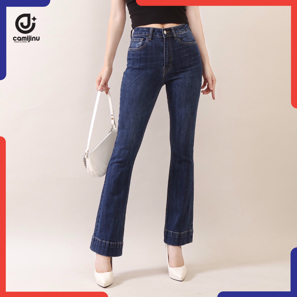 Quần Jeans Nữ Loe Gấu To - Cạp Cao - Dáng Dài - Gấu To - Hách Dáng - Màu Xanh Đậm - Thương Hiệu Jeans Camijinu