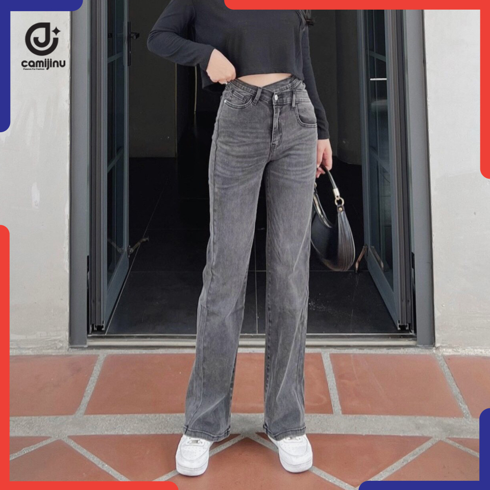 Quần Jeans Nữ Suông Xám Khói Nhạt Cạp Lệch Thời Trang