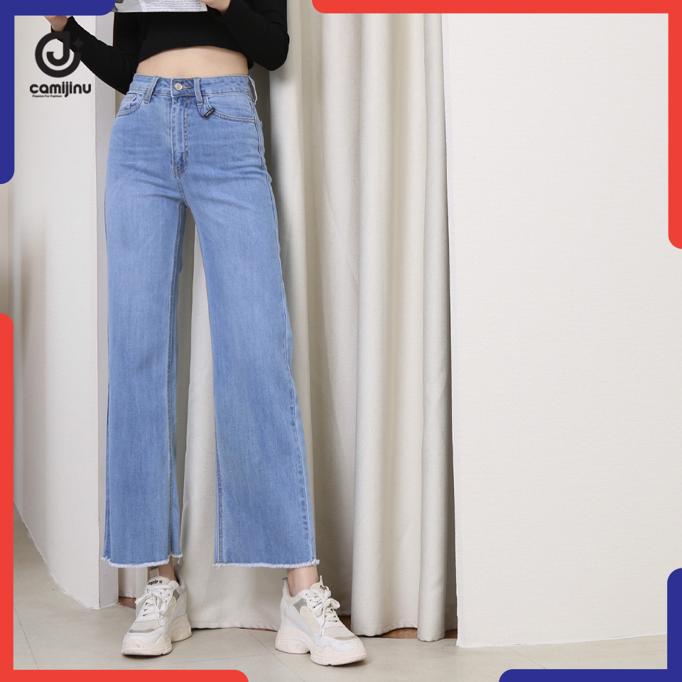 Quần Jeans Nữ Suông Tua Xanh Nhạt