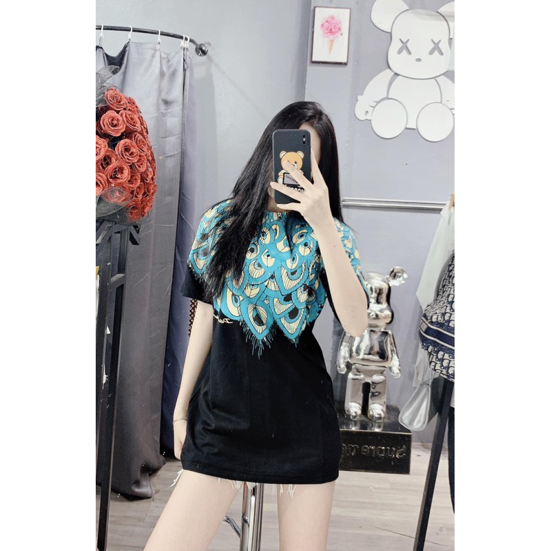 Áo phông tay lỡ nam nữ in lông công xanh Ln LH