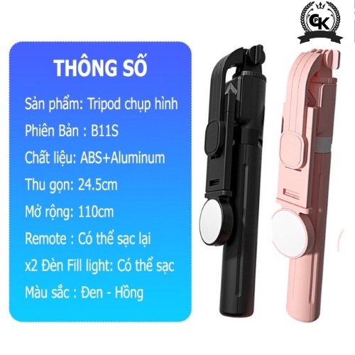 Gậy chụp ảnh 3 chân B11S thế hệ mới, có đèn led trợ sáng, Gậy selfie chụp hình, tự sướng,bluetooth điều khiển từ xa