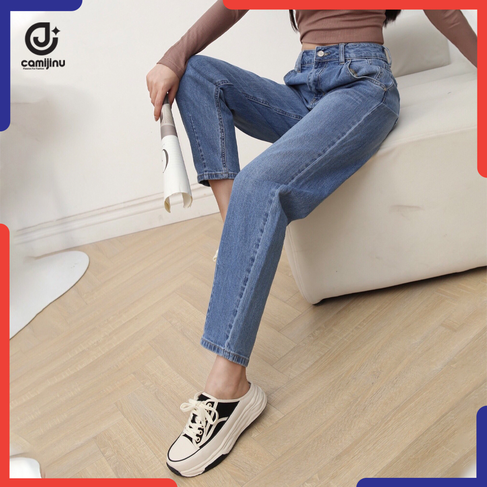 Quần Jeans Nữ Baggy Gân Túi Xanh Đậm