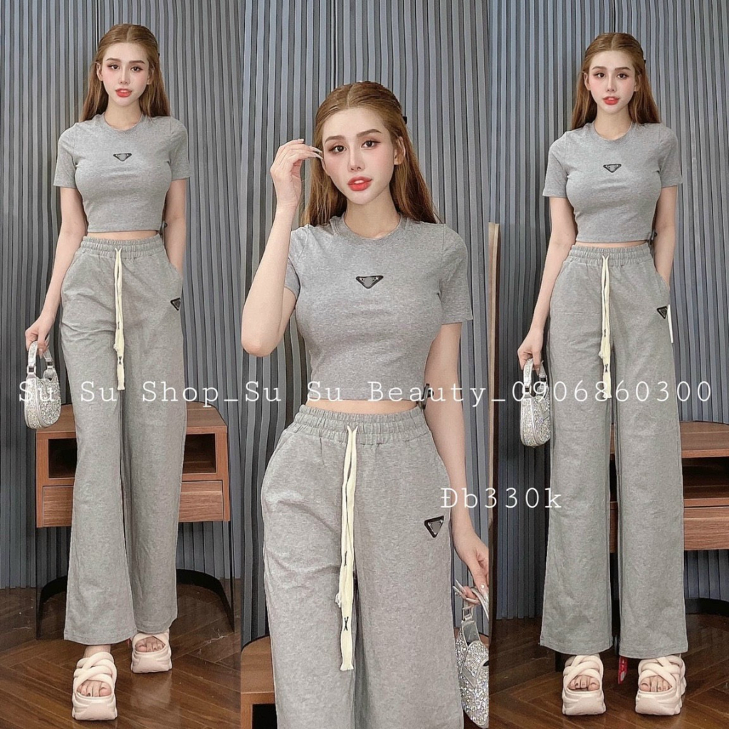 Đồ Bộ Đẹp,Aó Thun Croptop Tay Ngắn + Quần ống Rộng Có Túi,Bộ Nữ Thời Trang Dạo Phố siêu xinh