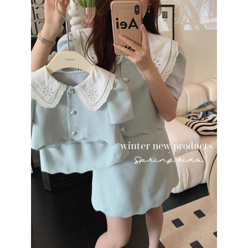 Set váy tiểu thư xanh cho mẹ và bé S0083