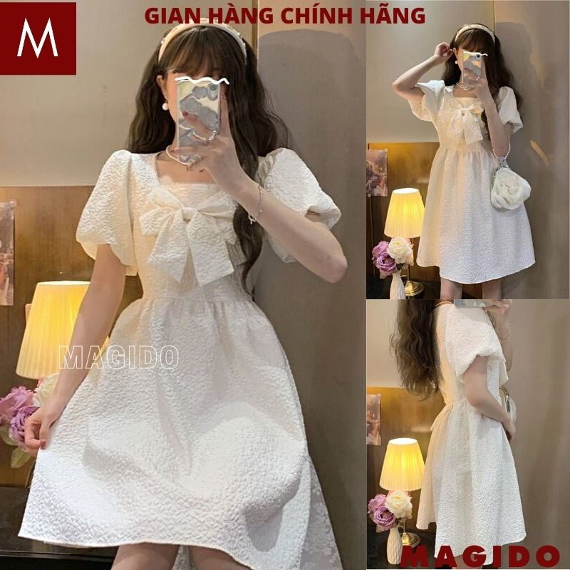 Váy gấm xốp cổ vuông nơ ngực - Đầm tiểu thư tay bồng dáng xòe màu trắng thời trang ngọt ngào MAGIDO V110