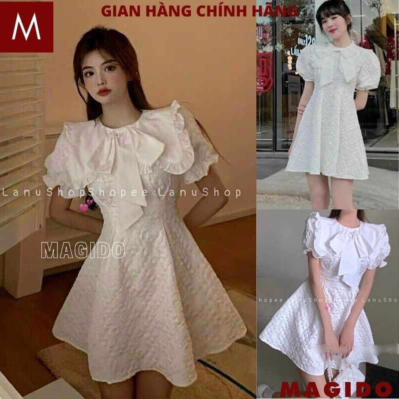 Đầm nữ màu trắng cổ sen tay bồng dáng xòe - Váy tiểu thư nơ cổ chất vải gấm xốp cao cấp hot MAGIDO V111