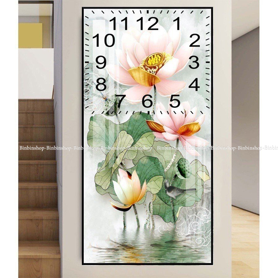 Tranh đồng hồ tráng gương hoa sen hồng 1 tranh đứng tặng kèm pin và đinh 3 chân