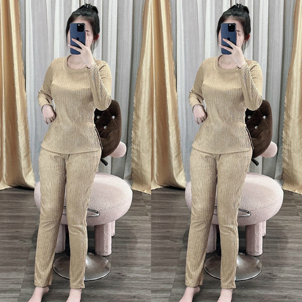 Set bộ thun xốp dài áo cổ tròn xẻ tà mix quần ôm đơn giản với các tone màu tươi tắn cho các chị em đi chơi, đi dạo