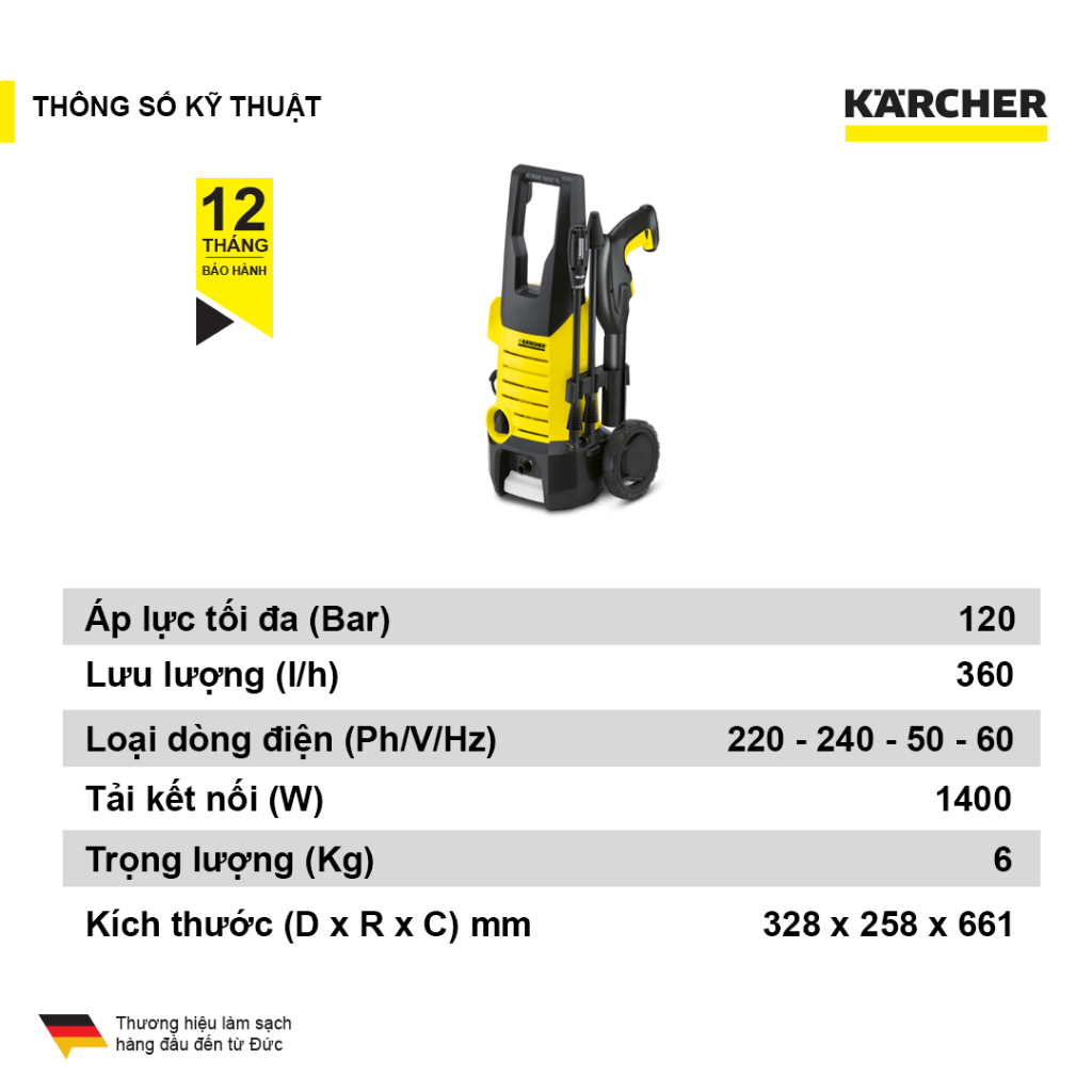 Combo máy xịt rửa xe Karcher K2.360 và dây cấp nước 1.5m