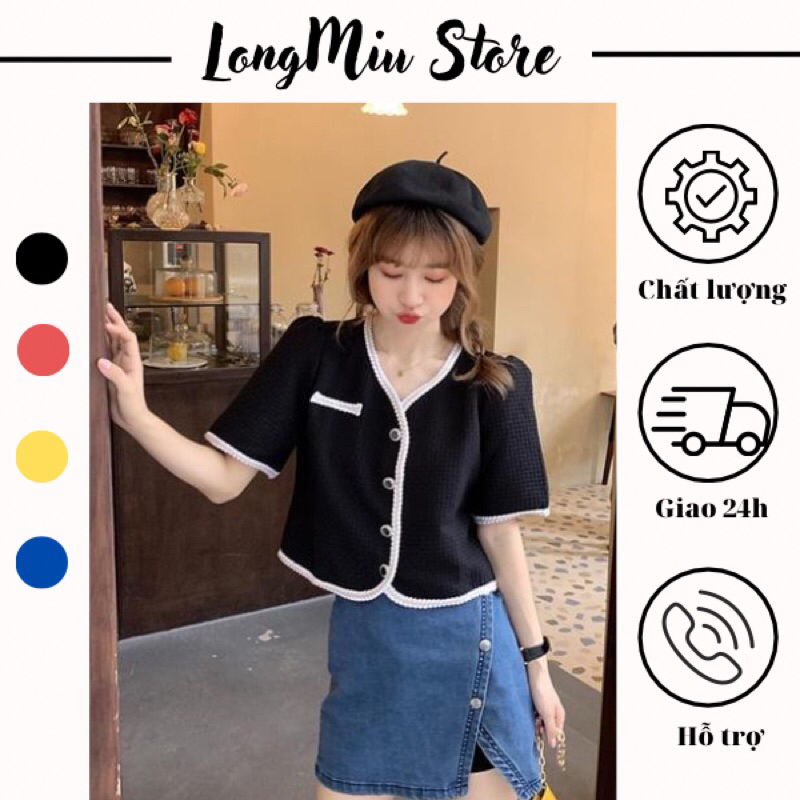 Áo sơ mi dệt kim dáng ngắn, áo cardigan dệt kim tay ngắn xinh xắn thiế kế cổ chữ V có túi giả trước ngực