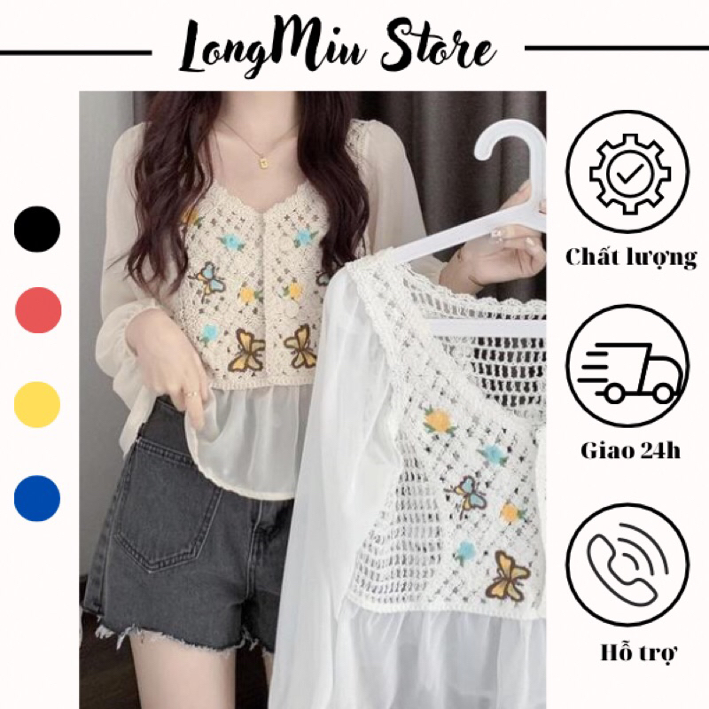 Áo sơ mi dài tay vải voan phối ren thêu hoạ tiết hoa siêu xinh phong các nhẹ nhàng cho mùa hè ( có ảnh thật )