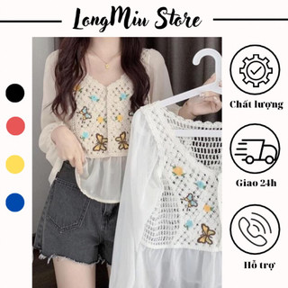 Áo len cardigan mỏng tay áo phối voan kiểu dáng giả sơ mi hoạ tiết hoa lá phối len dệt kim đan lưới