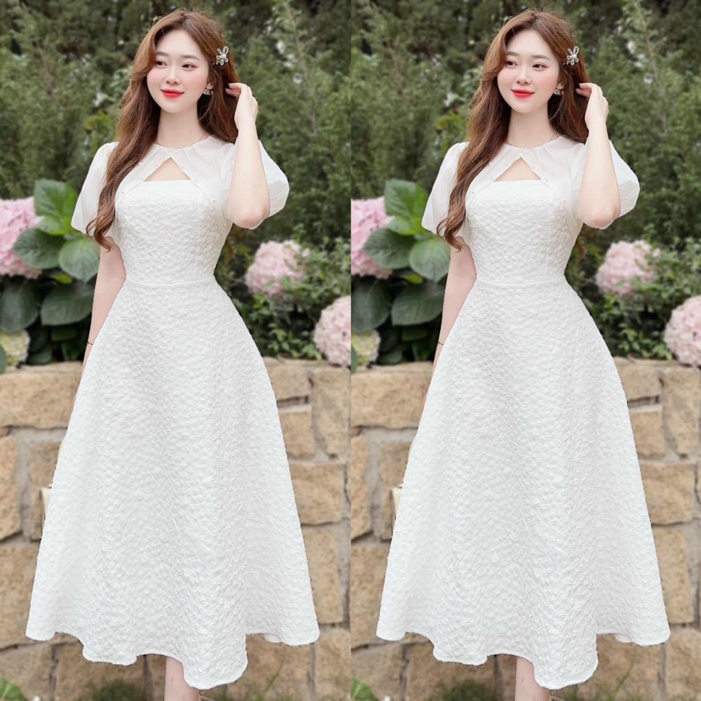 Đầm váy nữ dự tiệc sang chảnh gấm xòe khoét ngực phối voan tay cùng tone trắng tinh khôi duyên dáng cho các tình yêu