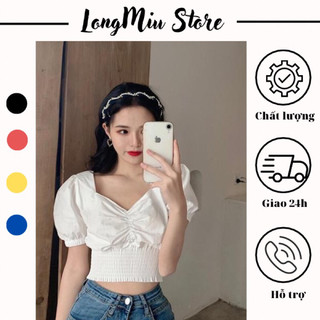 Áo thun croptop nữ tay áo phồng thiết kế eo bo chun cổ áo chữ v nữ tính
