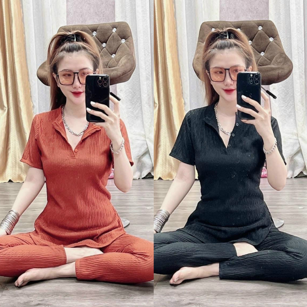 Set bộ thun xốp thái áo tay ngắn cổ bẻ phối quần dài tôn dáng với các tone màu trẻ trung, năng động đi chơi, dạo phố