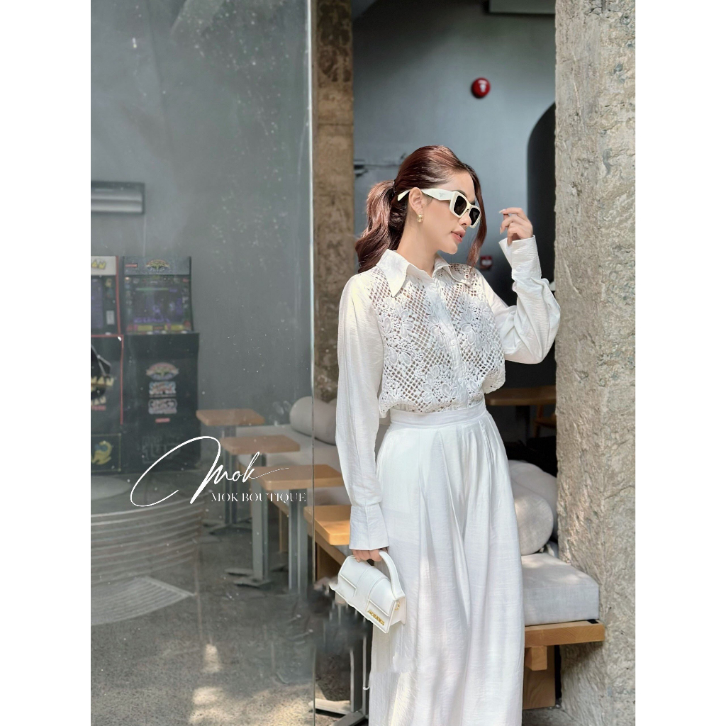 Set đồ nữ áo sơ mi dài tay kiểu ren họa tiết phối quần suông dài ống rộng cap lưng cao thanh lịch - Mok Boutique