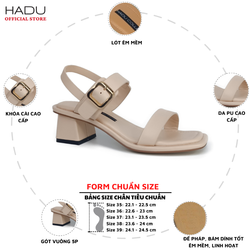 Giày sandal gót vuông 5p quai ngang da cao cấp cực mềm HADU M345 - BH 24 tháng