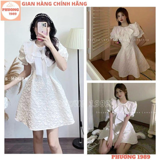 Đầm gấm xốp trắng cổ sen đính nơ tay bồng dáng điệu đà, Váy tiểu thư phối viền tay bo chun phong cách hàn quốc - 1989