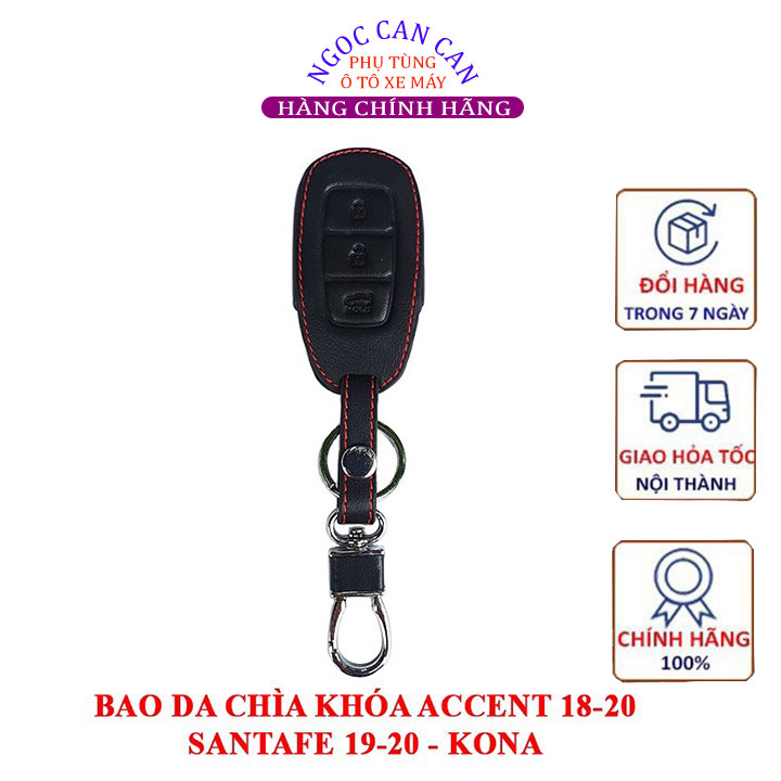 Bao da chìa khóa Hyundai Accent 2018-2020, Santafe 2019-2020, KONA màu đen chỉ đỏ tặng kèm móc