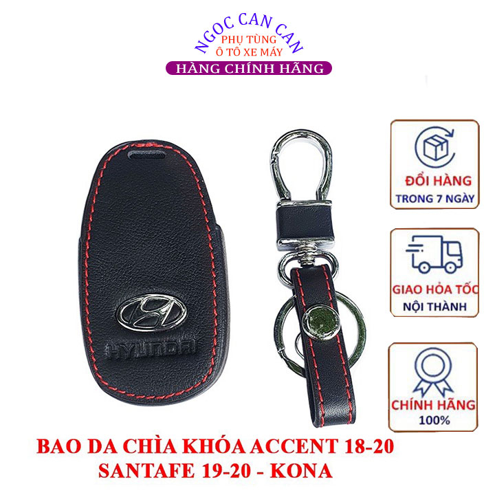 Bao da chìa khóa Hyundai Accent 2018-2020, Santafe 2019-2020, KONA màu đen chỉ đỏ tặng kèm móc