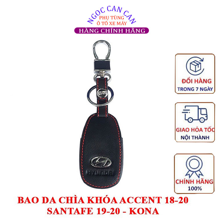 Bao da chìa khóa Hyundai Accent 2018-2020, Santafe 2019-2020, KONA màu đen chỉ đỏ tặng kèm móc