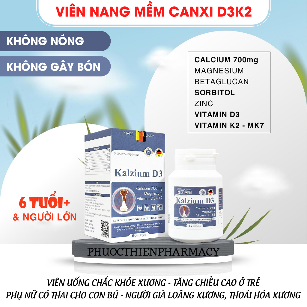 Canxi nano d3 k2 cho trẻ em, bà bầu và người lớn Kalzium D3 700mg nhập khẩu chính hãng Đức kết hợp Magnesium Betaglucan