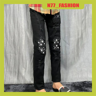 Quần jean nam đen rách VÁ DA boy phố form đẹp chất vải dày co giãn mẫu mớicao cấp N77 FASHION