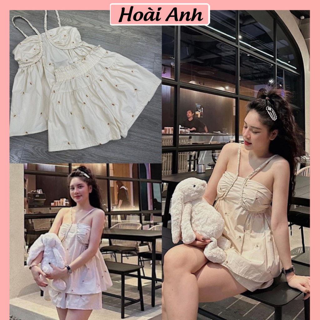 Set Bộ Tiểu Thư Áo Hai Dây Tết Thô Hàn Thêu Hoa Mix Quần Sooc Đùi Ống Rộng