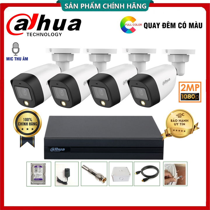 Bộ Camera Quan sát Dahua 4 Kênh 2.0MP Full Color, Led Quay Có Màu Ban Đêm, Tích Hợp Mic Thu Âm - Kèm đủ phụ kiện lắp đặt