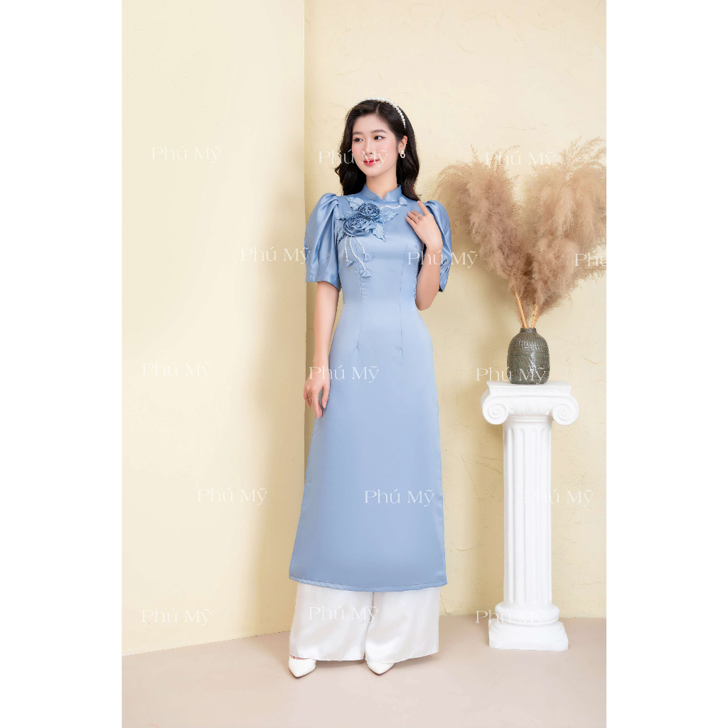 Áo dài cách tân đính kết hoa nổi chất liệu tafta siêu xinh