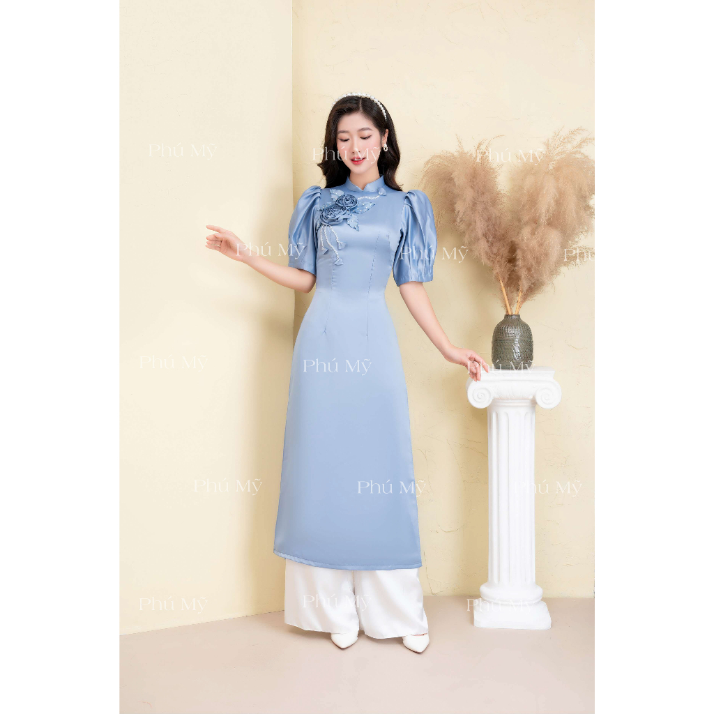 Áo dài cách tân đính kết hoa nổi chất liệu tafta siêu xinh