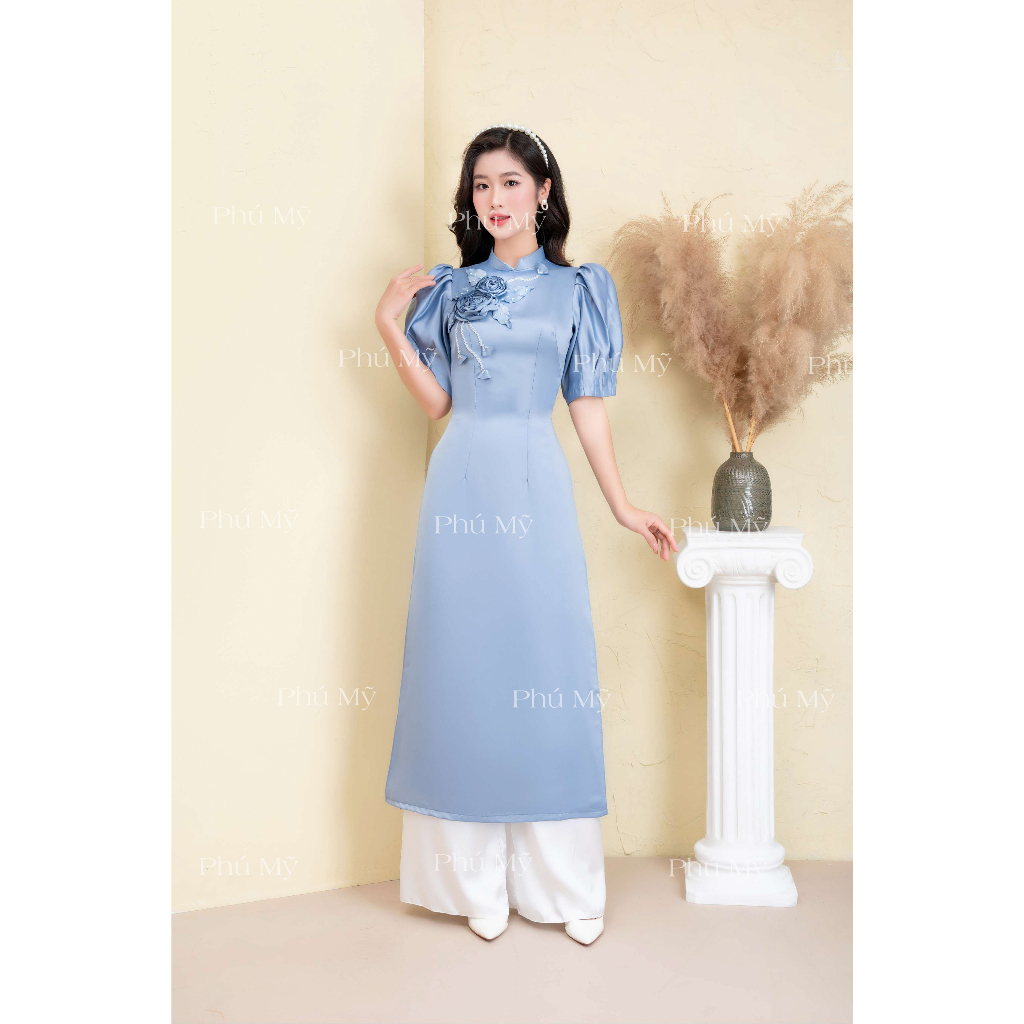 Áo dài cách tân đính kết hoa nổi chất liệu tafta siêu xinh