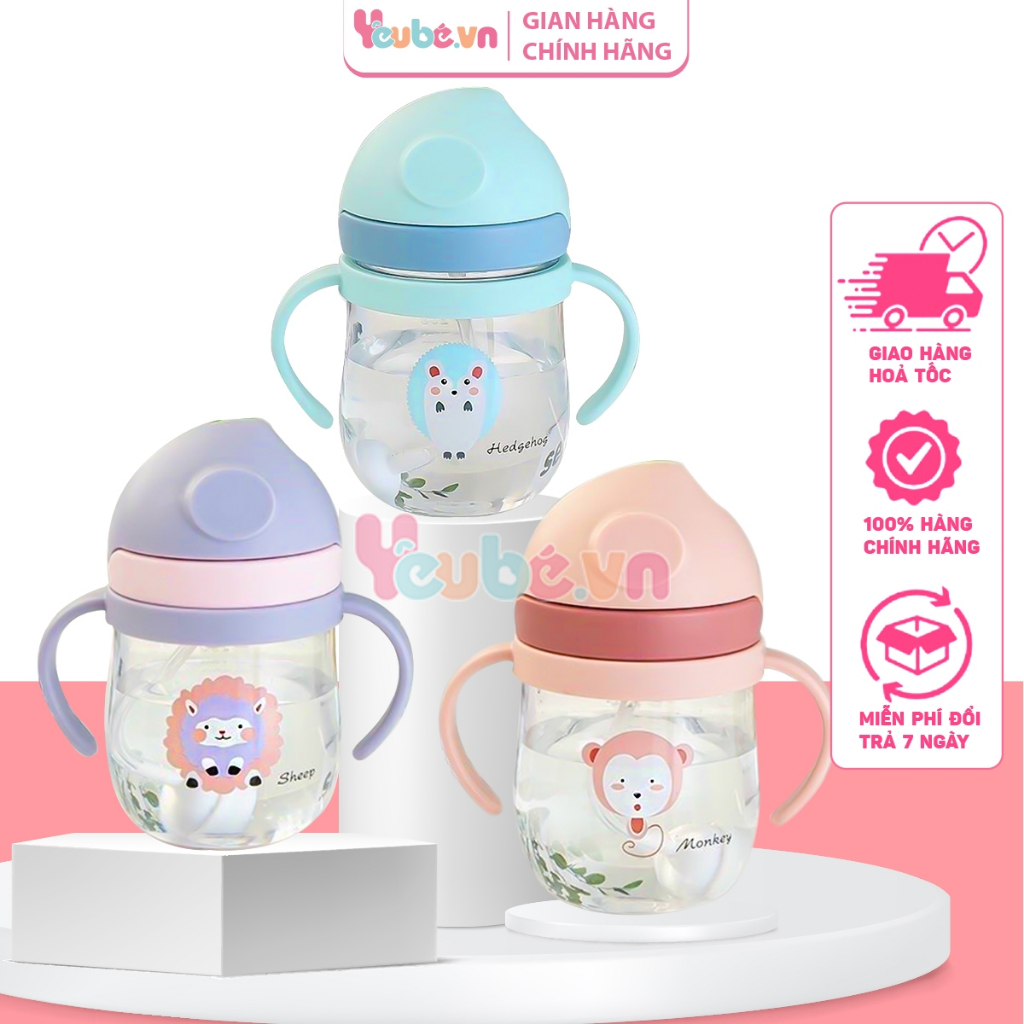 Bình Tập Uống Nước Chống Sặc Cho Bé YEUBEVN 250ml Có Van Chống Sặc Tay Cầm Tập Hút Ống Hút Silicon An Toàn Nướu Bé